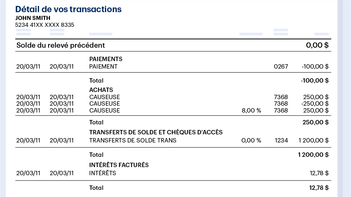 Releve de compte montrant chaque operation et le solde subsequent