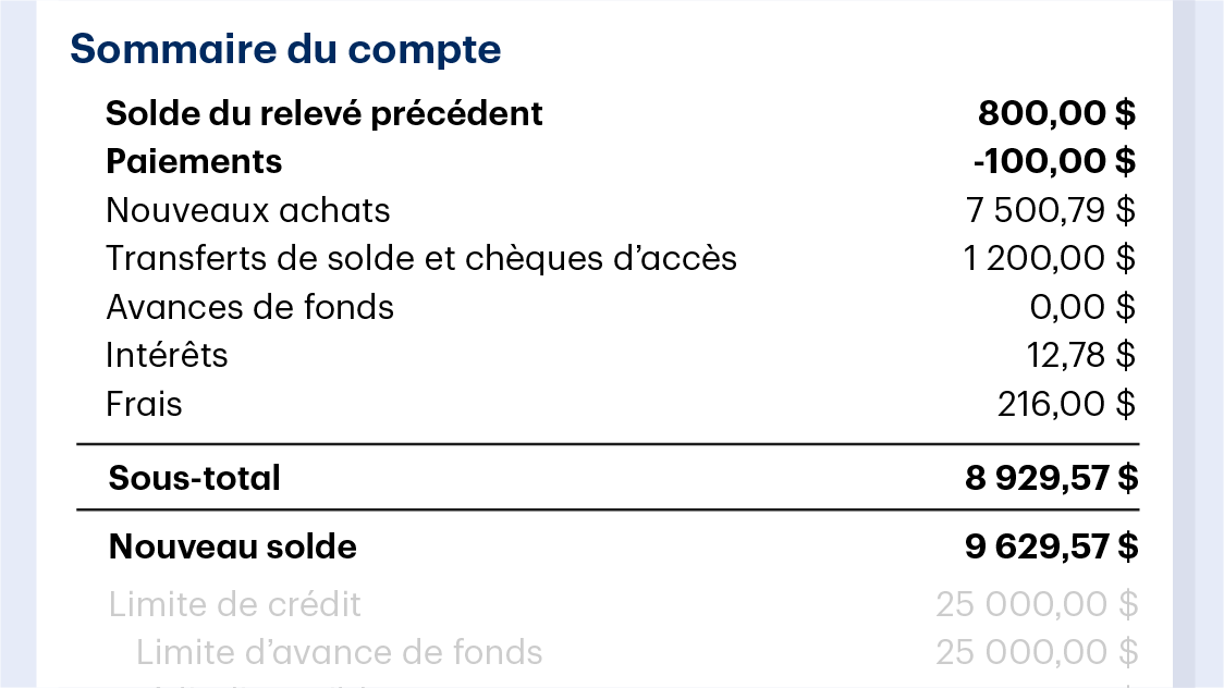 Releve de compte affichant un sommaire de compte